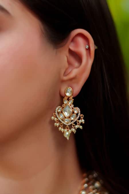 Zevar By Geeta_Gold Plated Pearls, Piping, Stones Layered Kundan Polki Studded Necklace Set _Online_at_Aza_Fashions