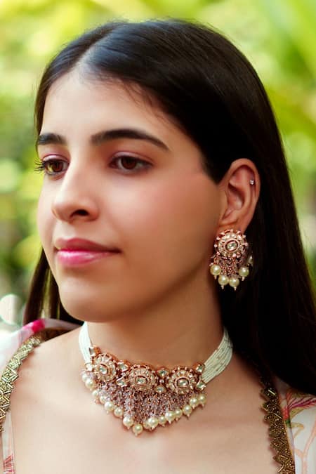 Zevar By Geeta Purple Pearls, Beads, Diamonds Kundan Studded Floral Choker Necklace Set