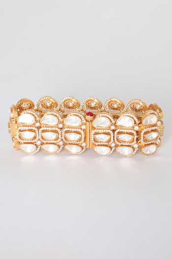 Shop Zevar By Geeta Gold Plated Imitation Diamonds Moissanite Studded Scallop Bracelet at Aza Fashions Shop_Zevar By Geeta_Gold Plated Imitation Diamonds Moissanite Studded Scallop Bracelet _at_Aza_Fashions