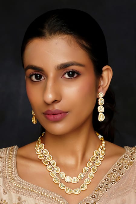 Zevar By Geeta Gold Plated Diamonds, Stones Moissanite Studded Double Layer Necklace Set 