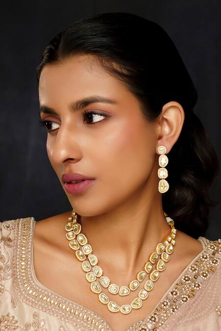 Zevar By Geeta_Gold Plated Diamonds, Stones Moissanite Studded Double Layer Necklace Set_Online_at_Aza_Fashions