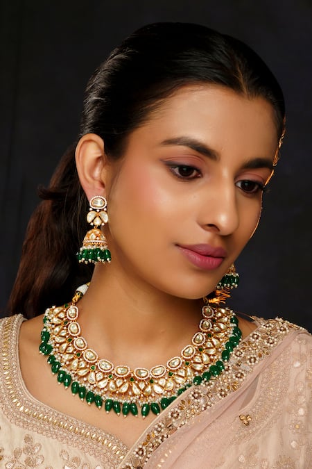 Zevar By Geeta_Gold Plated Pearls, Beads, Metallic Moissanite Studded Floral Petal Necklace Set _Online_at_Aza_Fashions