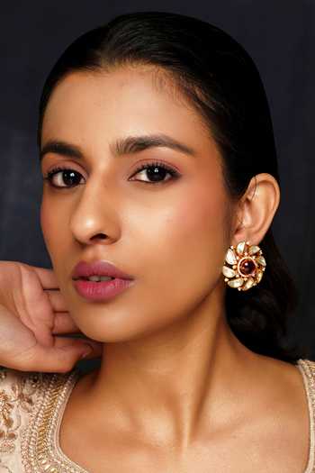 Zevar By Geeta_Red Crystals, Stones Moissanite Studded Floral Earrings _Online_at_Aza_Fashions