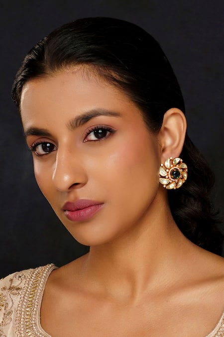 Zevar By Geeta_Green Crystals Floral Moissanite Studded Earrings _Online_at_Aza_Fashions
