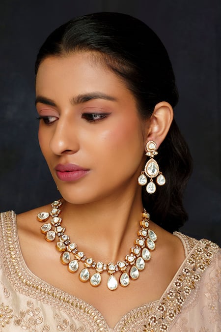 Zevar By Geeta_Gold Plated Stones, Mirrors, Diamonds Moissanite Polki Embellished Necklace Set _Online_at_Aza_Fashions