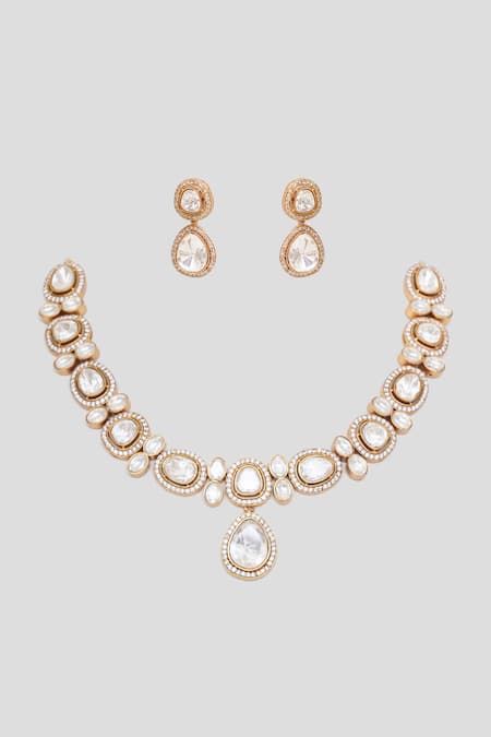 Shop_Zevar By Geeta_Gold Plated Diamonds, Stones Moissanite Polki Embellished Pendant Choker Set _at_Aza_Fashions