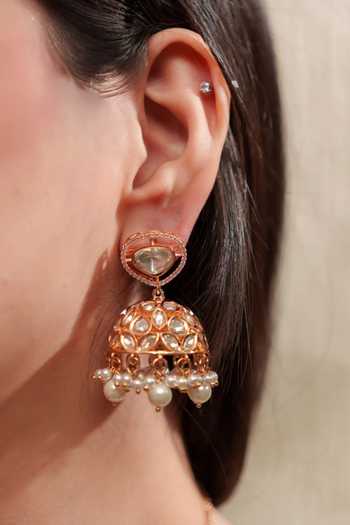 Zevar By Geeta_Gold Plated Pearls, Diamonds Polki Embellished Layered Necklace Set _Online_at_Aza_Fashions