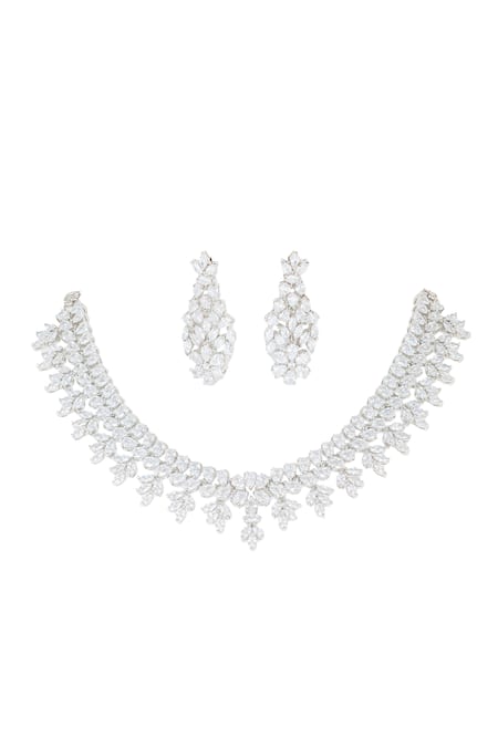 Shop Zevar By Geeta White Imitation Diamonds Faux Embellished Necklace Set at Aza Fashions Shop_Zevar By Geeta_White Imitation Diamonds Faux Embellished Necklace Set _at_Aza_Fashions
