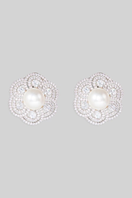 Shop Zevar By Geeta White Fabric Flowers, Pearls, Diamonds Floral Embellished Stud Earrings at Aza Fashions Shop_Zevar By Geeta_White Fabric Flowers, Pearls, Diamonds Floral Embellished Stud Earrings _at_Aza_Fashions