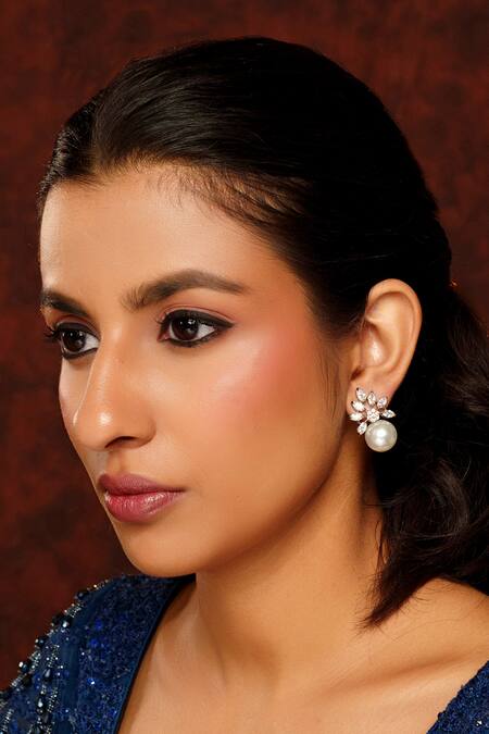 Zevar By Geeta_White Fabric Flowers, Diamonds, Pearls And Embellished Studs _Online_at_Aza_Fashions