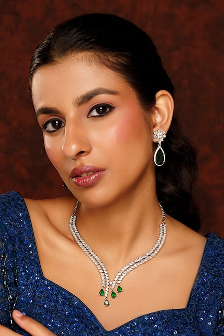 Zevar by Geeta Diamond & Emerald Embellished Necklace Set 