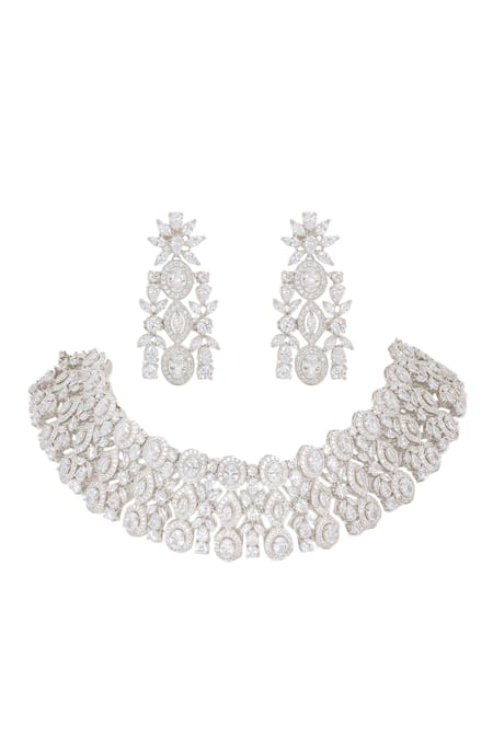 Shop Zevar By Geeta White Imitation Diamonds Embellished Broad Choker Necklace Set at Aza Fashions Shop_Zevar By Geeta_White Imitation Diamonds Embellished Broad Choker Necklace Set _at_Aza_Fashions