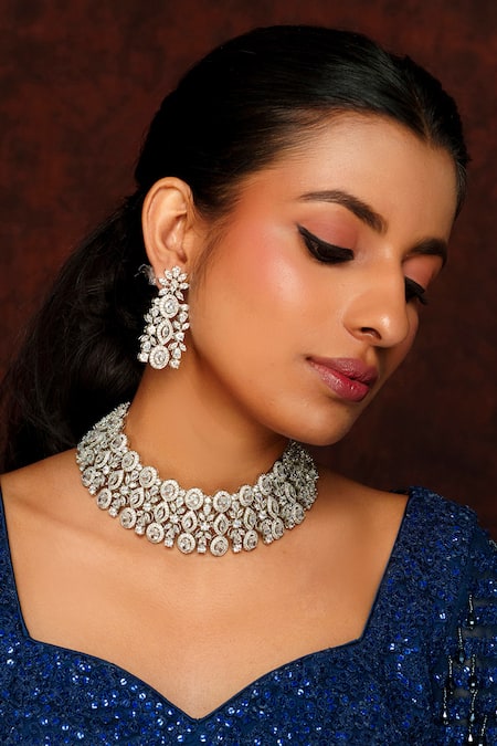 Zevar By Geeta White Imitation Diamonds Embellished Broad Choker Necklace Set Online at Aza Fashions Zevar By Geeta_White Imitation Diamonds Embellished Broad Choker Necklace Set _Online_at_Aza_Fashions