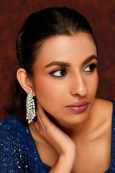 Zevar By Geeta_White Fabric Flowers 4 String Embellished Earrings _Online_at_Aza_Fashions