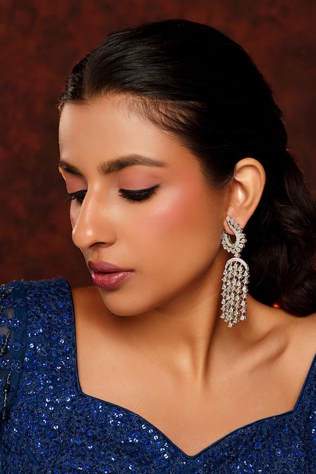 Zevar By Geeta_White Crystals Diamond Embellished Danglers _Online_at_Aza_Fashions