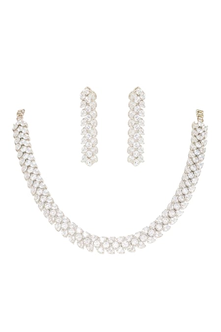 Shop Zevar By Geeta White Imitation Diamonds Embellished Necklace Set at Aza Fashions Shop_Zevar By Geeta_White Imitation Diamonds Embellished Necklace Set _at_Aza_Fashions