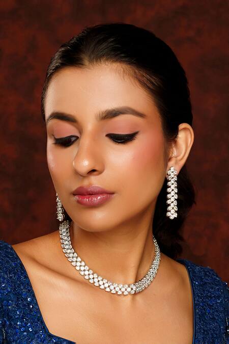 Zevar By Geeta White Imitation Diamonds Embellished Necklace Set Online at Aza Fashions Zevar By Geeta_White Imitation Diamonds Embellished Necklace Set _Online_at_Aza_Fashions