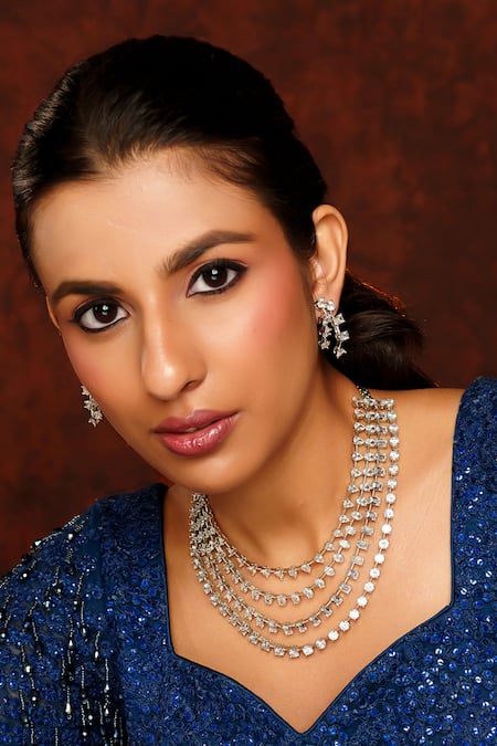 Zevar By Geeta_White Imitation Diamonds Layered Embellished Necklace Set_Online_at_Aza_Fashions