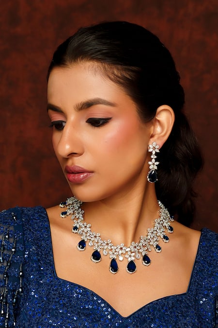 Shop Zevar By Geeta Blue Diamonds, Stones Contrast Embellished Necklace Set at Aza Fashions Shop_Zevar By Geeta_Blue Diamonds, Stones Contrast Embellished Necklace Set _at_Aza_Fashions