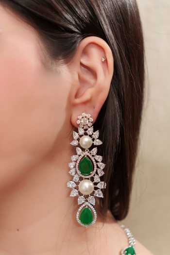 Zevar By Geeta_Green Diamonds, Gota Patti Tear Drop Carved Embellished Necklace Set _Online_at_Aza_Fashions