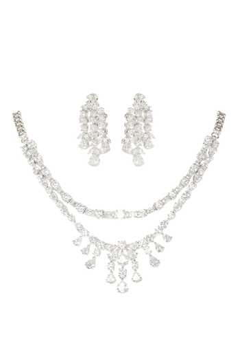Shop Zevar By Geeta White Imitation Diamonds Geometric Carved Layered Necklace Set at Aza Fashions Shop_Zevar By Geeta_White Imitation Diamonds Geometric Carved Layered Necklace Set _at_Aza_Fashions