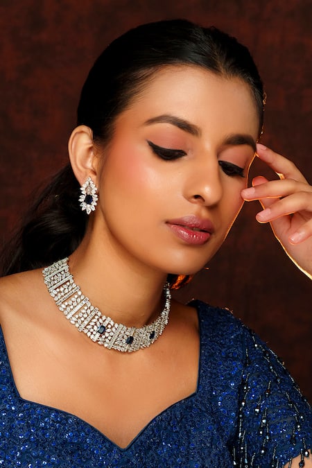 Zevar By Geeta Blue Faux Diamonds, Stones Geometric Cutwork And Sapphire Choker Set Online at Aza Fashions Zevar By Geeta_Blue Faux Diamonds, Stones Geometric Cutwork And Sapphire Choker Set _Online_at_Aza_Fashions