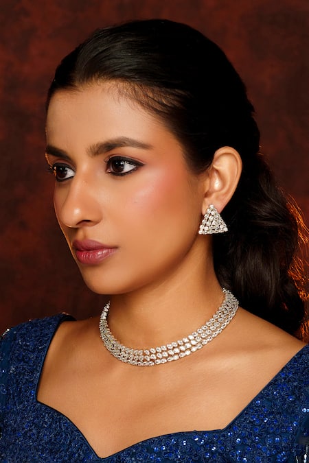 Zevar By Geeta_White Imitation Diamonds Three Layered Choker Set _Online_at_Aza_Fashions