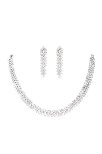 Shop Zevar By Geeta White Imitation Diamonds Geometric Cutwork Necklace Set at Aza Fashions Shop_Zevar By Geeta_White Imitation Diamonds Geometric Cutwork Necklace Set _at_Aza_Fashions