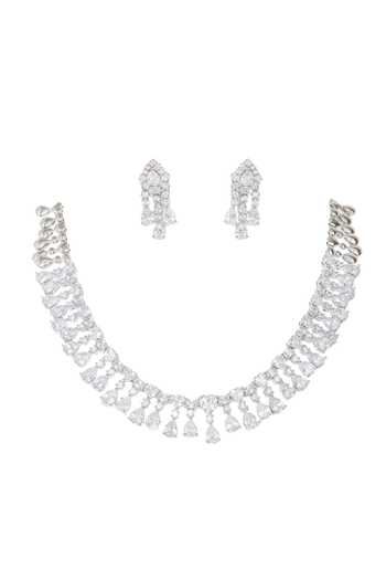 Shop Zevar By Geeta White Imitation Diamonds Geometric Drop Necklace Set at Aza Fashions Shop_Zevar By Geeta_White Imitation Diamonds Geometric Drop Necklace Set _at_Aza_Fashions