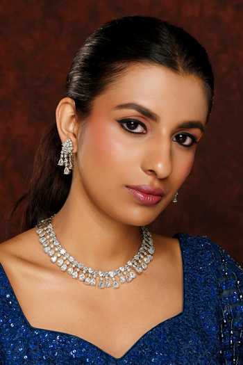 Zevar By Geeta White Imitation Diamonds Geometric Drop Necklace Set Online at Aza Fashions Zevar By Geeta_White Imitation Diamonds Geometric Drop Necklace Set _Online_at_Aza_Fashions