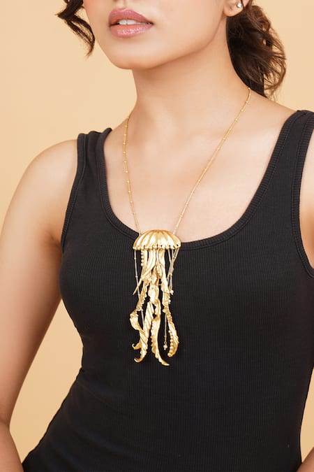 Shop_Rahul Mishra_Gold Plated Jelly Fish Long Carved Pendant Necklace _Online_at_Aza_Fashions
