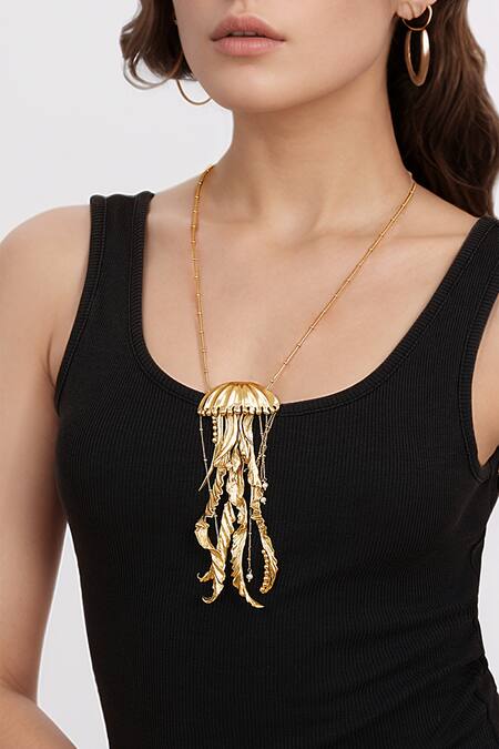 Rahul Mishra_Gold Plated Jelly Fish Long Carved Pendant Necklace _at_Aza_Fashions