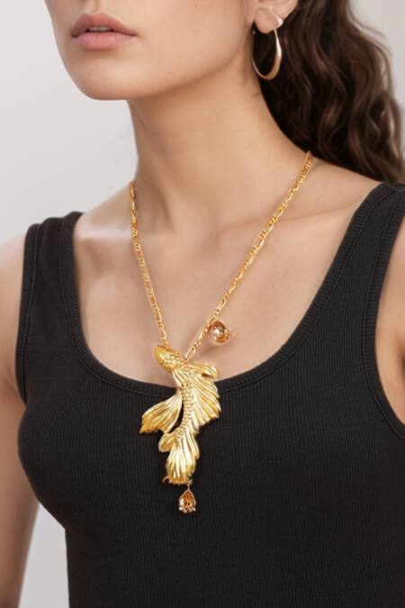 Rahul Mishra_Gold Plated Koi Fish Long Carved Pendant Necklace_Online_at_Aza_Fashions