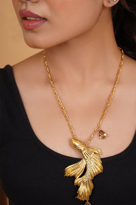 Shop_Rahul Mishra_Gold Plated Koi Fish Long Carved Pendant Necklace
