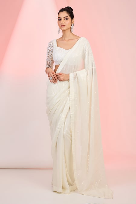 MeenaGurnam Ivory Blouse Net Embellished Sequin Leaf Detailed Saree With 