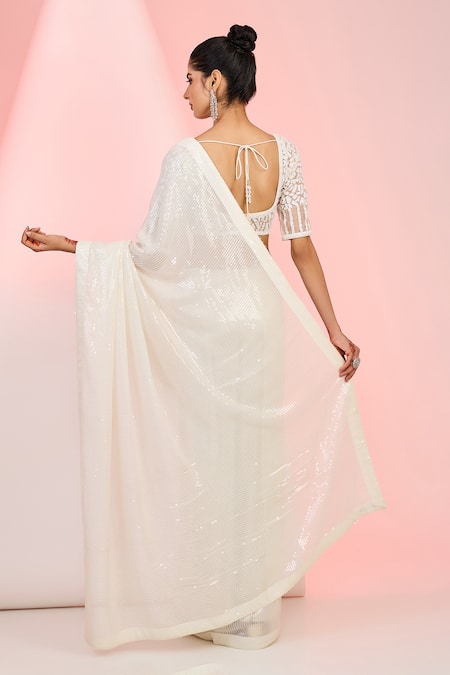 Shop_Meenagurnam_Ivory Net, Georgette Cut Work, Sequins, Beads Detailed Saree With Blouse _at_Aza_Fashions