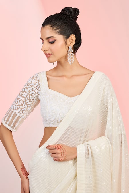 Buy_Meenagurnam_Ivory Net, Georgette Cut Work, Sequins, Beads Detailed Saree With Blouse _Online_at_Aza_Fashions