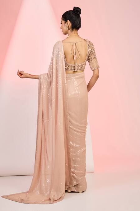 Shop_Meenagurnam_Rose Gold Georgette, Net Sequins, Beads Square Neck Saree With Blouse _at_Aza_Fashions