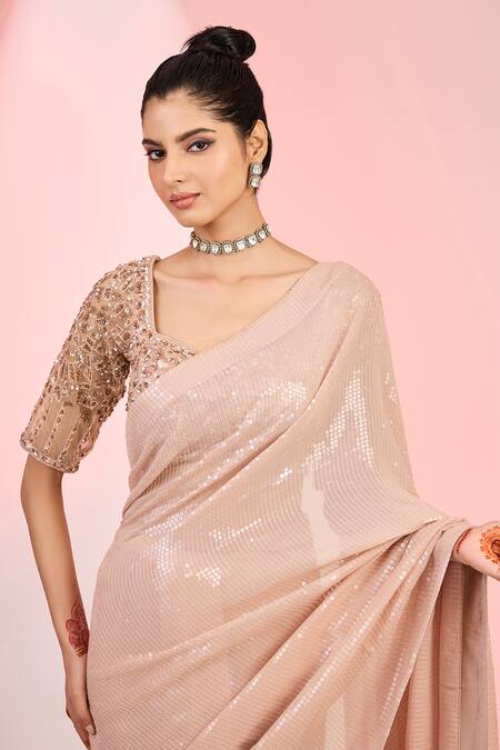 Meenagurnam_Rose Gold Georgette, Net Sequins, Beads Square Neck Saree With Blouse _Online_at_Aza_Fashions