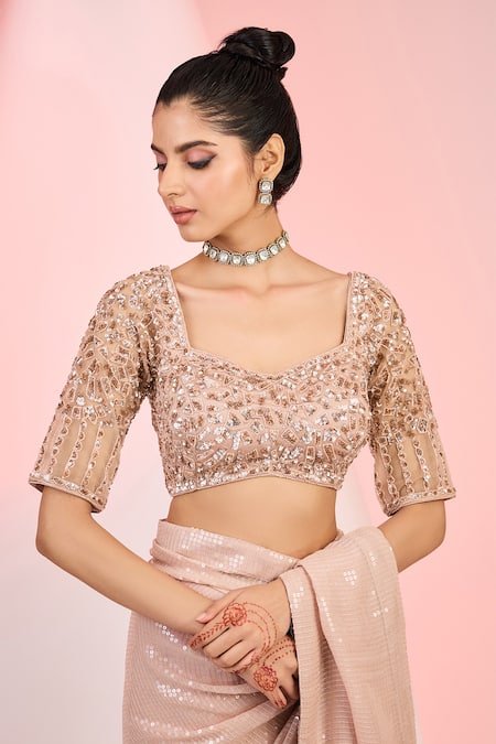 Buy_Meenagurnam_Rose Gold Georgette, Net Sequins, Beads Square Neck Saree With Blouse _Online_at_Aza_Fashions
