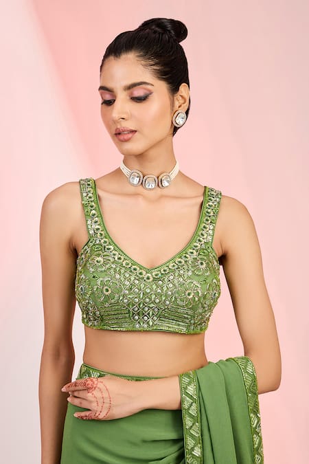 Meenagurnam_Green Georgette, Net Sequins, Beads Plunge Cutdana Embellished Saree With Blouse _Online_at_Aza_Fashions