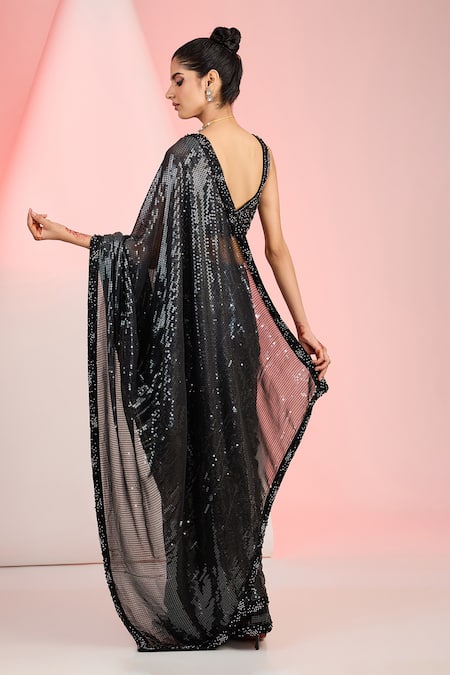 Shop_Meenagurnam_Black Georgette, Net Sequins, Flower Cutdana Embroidered Hem Saree With Blouse _at_Aza_Fashions