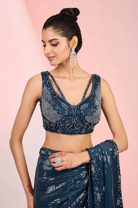 Meenagurnam_Blue Georgette, Net Sequins, Cut Work Flower Embroidered Hem Saree With Blouse _Online_at_Aza_Fashions