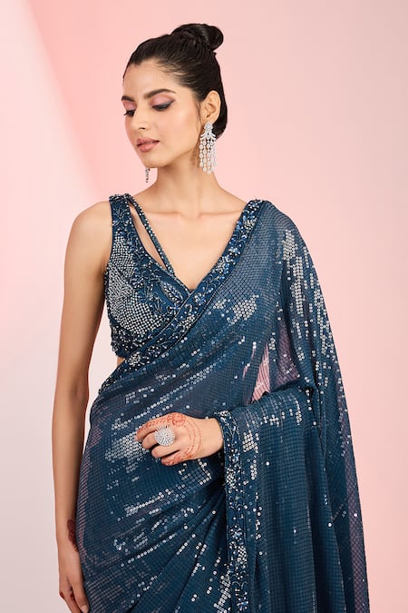 Buy_Meenagurnam_Blue Georgette, Net Sequins, Cut Work Flower Embroidered Hem Saree With Blouse _Online_at_Aza_Fashions