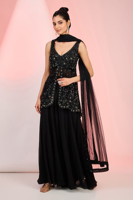 MeenaGurnam Black Net Hand Embroidery Cutdana Plunge V Kurta Sharara Set 