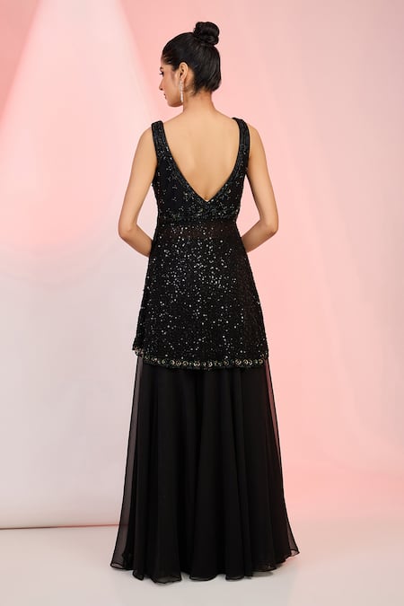 Shop Meenagurnam Black Net Cut Work, Sequins, Beads Plunge Hand Embroidered Kurta Sharara Set at Aza Fashions Shop_Meenagurnam_Black Net Cut Work, Sequins, Beads Plunge Hand Embroidered Kurta Sharara Set _at_Aza_Fashions
