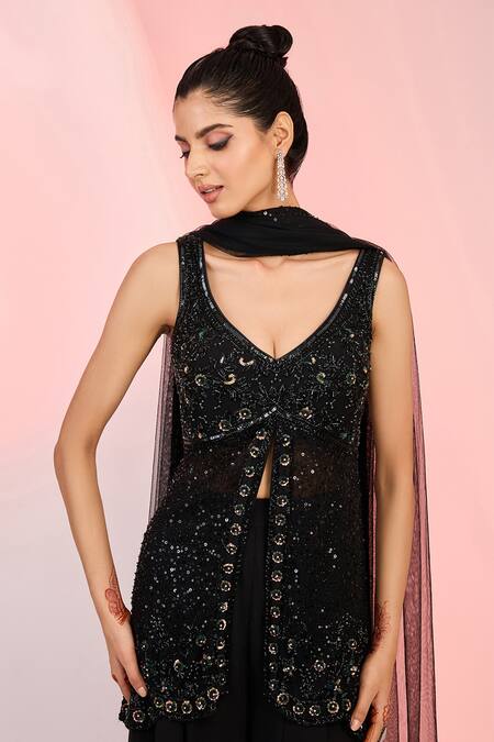 Buy Meenagurnam Black Net Cut Work, Sequins, Beads Plunge Hand Embroidered Kurta Sharara Set Online at Aza Fashions Buy_Meenagurnam_Black Net Cut Work, Sequins, Beads Plunge Hand Embroidered Kurta Sharara Set _Online_at_Aza_Fashions