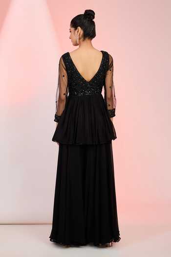 Shop Meenagurnam Black Net, Georgette Cut Work, Beads, Sequins, Hand Yoke Kurta Sharara Set at Aza Fashions Shop_Meenagurnam_Black Net, Georgette Cut Work, Beads, Sequins, Hand Yoke Kurta Sharara Set _at_Aza_Fashions