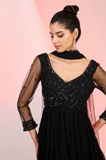 Meenagurnam Black Net, Georgette Cut Work, Beads, Sequins, Hand Yoke Kurta Sharara Set Online at Aza Fashions Meenagurnam_Black Net, Georgette Cut Work, Beads, Sequins, Hand Yoke Kurta Sharara Set _Online_at_Aza_Fashions