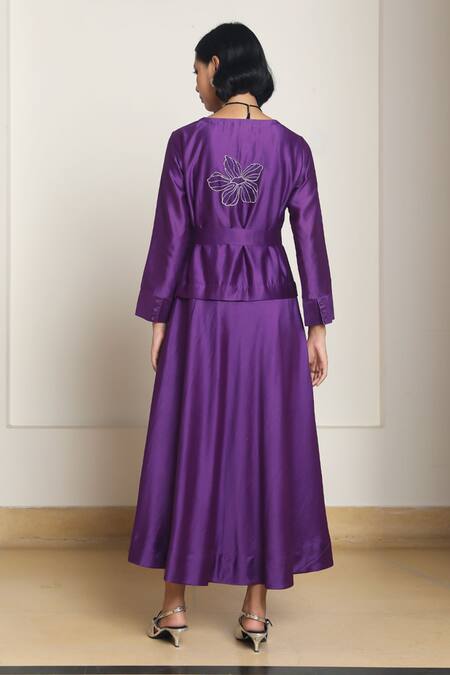 Shop Kanelle Purple Chanderi Silk Patchwork Floral V Kamil Work Detailed Dress at Aza Fashions Shop_Kanelle_Purple Chanderi Silk Patchwork Floral V Kamil Work Detailed Dress_at_Aza_Fashions